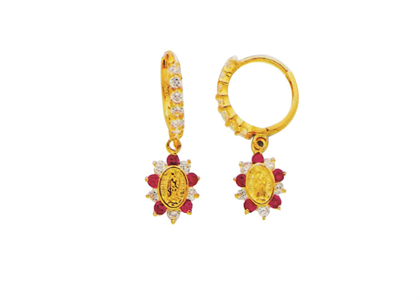 Gold Plated Red CZ Virgin Mary Earring